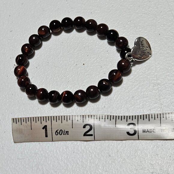 Natural Tiger Eye Bead Heart Mom Charm Stretch Bracelet Mothers Day Jewelry - Picture 4 of 4